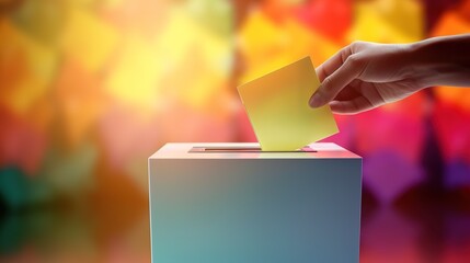 A close-up of a hand casting a vote into a ballot box captures the act of voting, placing a yellow ballot paper into the ballot box.