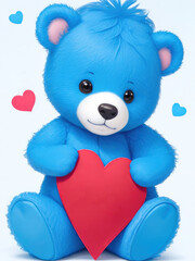 Little cute blue bear with hearts for valentine day on white. Romantic gift, greeting card with place for text. Generative AI