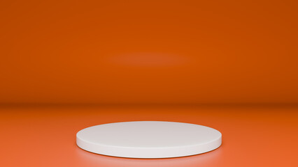 Studio template and white round shape pedestal on orange reflective background. Blank studio podium for product advertising. 3D rendering.