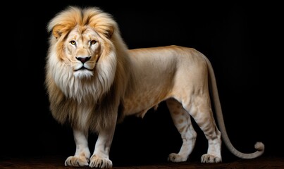 a lion with long hair is standing on a dark background
