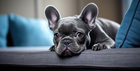 a little french bulldog leaning on a couch