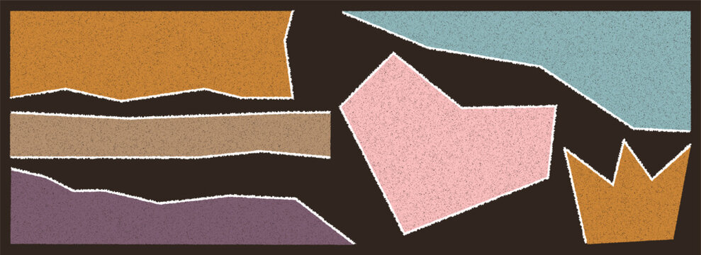 Set of torn paper of different colors with grain texture.Square, heart, crown, rectangle and other abstract shapes. Torn, distorted, sharp shapes for retro collages.