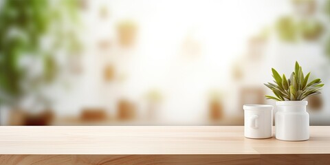 Fototapeta na wymiar White table top with blurred bokeh background, a wooden shelf for product display or mockup.