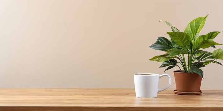 Front view of a wooden desk with a coffee mug and a houseplant, providing space for work and copying.