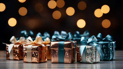 Set of miniature gift boxes against shiny silver background, AI Generated