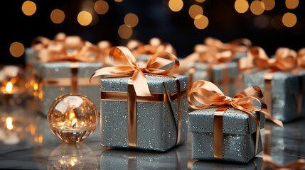 Set of miniature gift boxes against shiny silver background, AI Generated