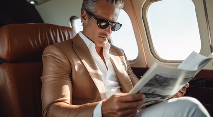 a man reading in an airplane while he takes off his shoes and sunglasses