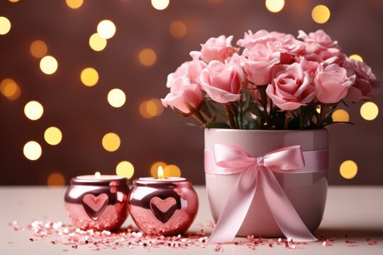 Valentine's Day pink roses in pink round gift box with small pink candles. Mother Day bouquet