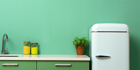 Retro fridge and sink on kitchen counter near green wall.
