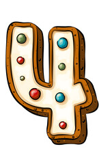 figure in the form of the number 4 in the shape of a Christmas gingerbread. from a collection of isolated gingerbread numbers. for decorating your designs