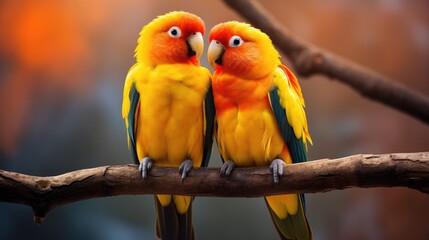 Obraz premium A pair of lovebirds sitting together on a branch, their bright orange and yellow feathers