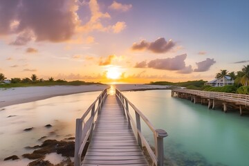 Panorama view of footbridge to the Smathers beach at sunrise