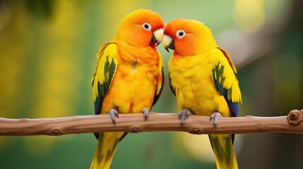 Fototapeta premium A pair of lovebirds sitting together on a branch, their bright orange and yellow feathers