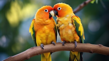 Obraz premium A pair of lovebirds sitting together on a branch, their bright orange and yellow feathers