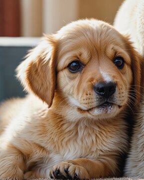 Yellow / brown puppy on the sofa, low focus portrait photo, super cute, HD image