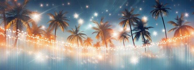a palm tree with holiday lights in the background - obrazy, fototapety, plakaty