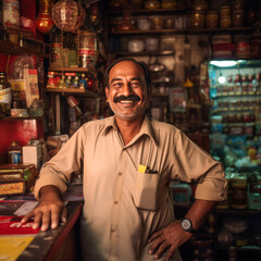 Fototapeta premium Indian shopkeeper smiling and giving happy expression
