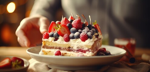 a person eating a cake that has fresh fruit on it