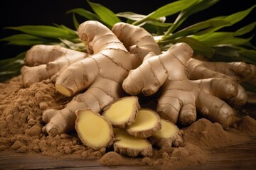 Fresh ginger with green leaves on wooden table - obrazy, fototapety, plakaty