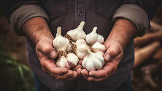 hand holding garlic in agriculture field