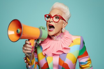 Elegant mature woman expressing her emotions with a megaphone in a vibrant fashion studio setting - obrazy, fototapety, plakaty