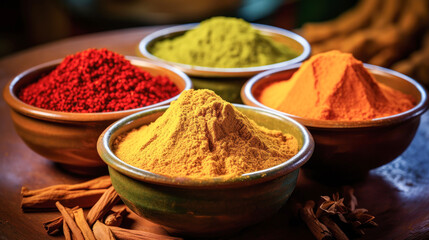 turmeric and chili powder with spices. - obrazy, fototapety, plakaty