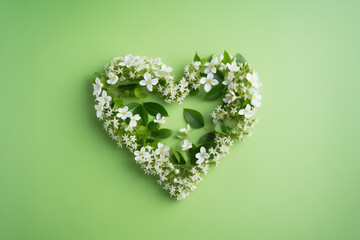 Valentine's day heart shaped natural tree branches with green fresh foliage and flowers banner postcard with empty space on green background. Generative AI