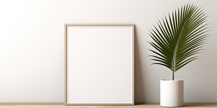 Palm leaf on table with photo frame template for design, poster, and home decoration.