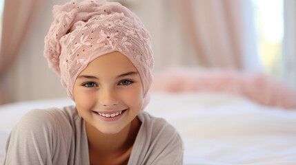 portrait of little girl wearing bathrobe with towel on head after taking a shower