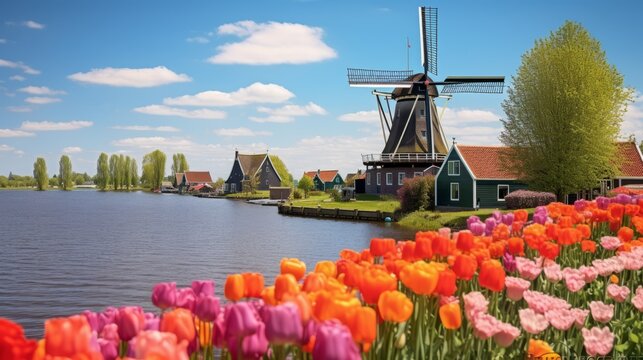 majestic holy cross amidst tulip fields in zaanse schans, netherlands - symbol of resurrection and hope