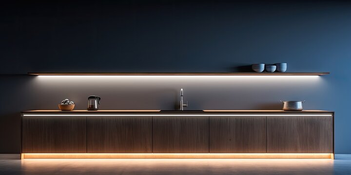 Nighttime minimalist kitchen with LED light strip, modern appliances, glass, concrete, wood, and essential utensils.
