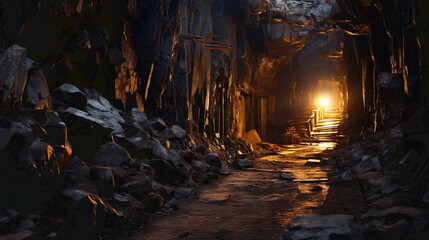 Interior panorama of underground mine shaft. Dark corridors inside abandoned stone quarry - obrazy, fototapety, plakaty