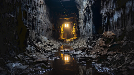 Interior panorama of underground mine shaft. Dark corridors inside abandoned stone quarry