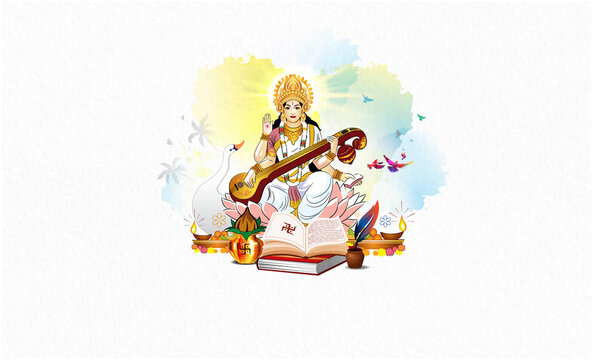 Vasant Panchami or Basant Panchami festival background. Goddess Saraswati puja illustration