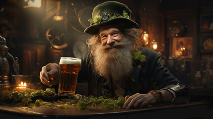 Leprechaun elf symbol of St. Patrick's Day. Cheerful character Irish leprechaun in a green suit and green hat for advertising. Cosplay at the festival on March 17th.