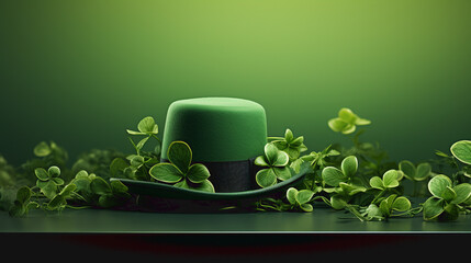St. Patrick's day. 3d render illustration. Green leprechaun hat, clover and gold coins on dark background. Holiday card - obrazy, fototapety, plakaty