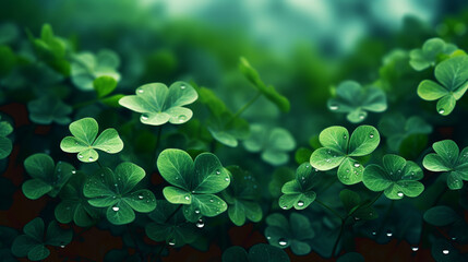 Saint patricks day background with shamrock. Lucky trefoil confetti. Glitter frame of clover leaves. Template for poster, gift certificate, banner. Happy saint patricks day backdrop.