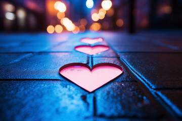 Defocused glowing pink hearts on an dark blue asphalt road at night. - obrazy, fototapety, plakaty
