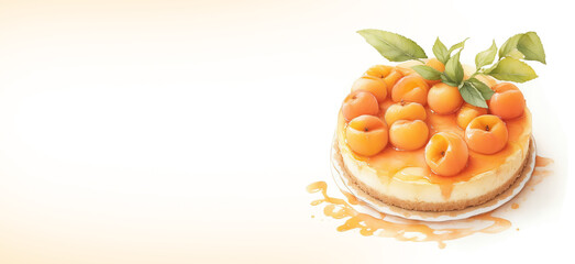 horizontal banner, watercolor illustration, berry cheesecake, apricot dessert, fruit pastry, place for text