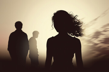 Silhouettes of one young girl and two young lads outdoor