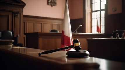 Trial Process in Polish court. Courtroom of the Poland. Justice in courthouse. Law and legal right. Lawyer in courtroom. Judges decide and punishment. Sale, Sold on auction. Violation of law.