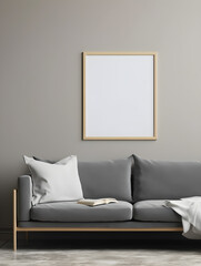 A mockup of a blank poster frame in a comfortable and well-lit indoor setting