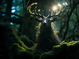 Enchanted forest creature portrait, skin sprouting moss and bark, antlers silhouetted against...