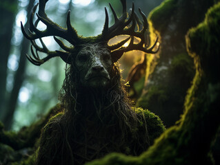 Enchanted forest creature portrait, skin sprouting moss and bark, antlers silhouetted against twilight
