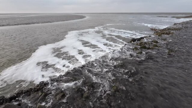 Wasserfall durch Gezeitenstr&ouml;mung im Wattenmeer mit wilden Austern- und Miesmuschelb&auml;nken, Priel, Ebbe, Nordsee