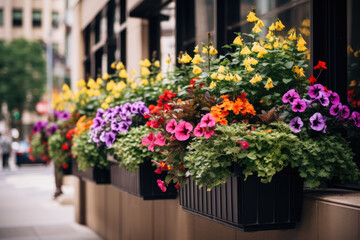 Flower filled window boxes. Closeup of colorful blooming flowers in window planters boxes adorning city building. Urban gardening landscaping design - obrazy, fototapety, plakaty