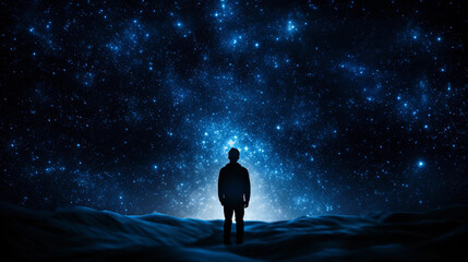 Man's silhouette with galaxy cosmos within, sharp contrast