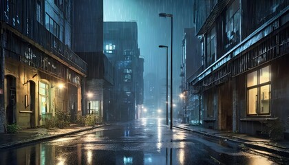 dark street in dystopian cyberpunk city at night buildings in rain - obrazy, fototapety, plakaty