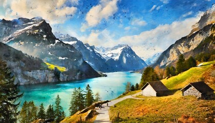 a wonderful swiss inspired mountain scenery in a oil painting artwork ai generated image