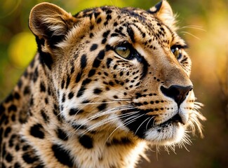 Closeup photo of a Leopard in the wild, with a majestic gaze, and beautiful sunlight pouring through the forest leaves, ultra HD high resolution nature photo with beautiful detail and fur